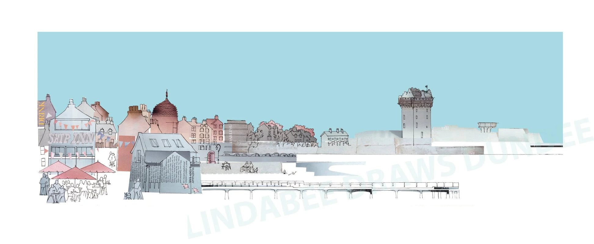 Broughty Ferry panoramic print by Lindabee Draws Dundee featuring The Ship Inn, castle and waterfront in blue tones