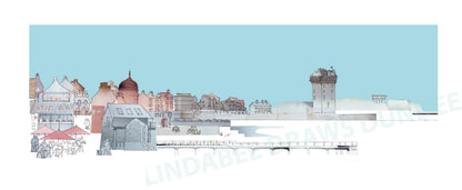Broughty Ferry panoramic print by Lindabee Draws Dundee featuring The Ship Inn, castle and waterfront in blue tones