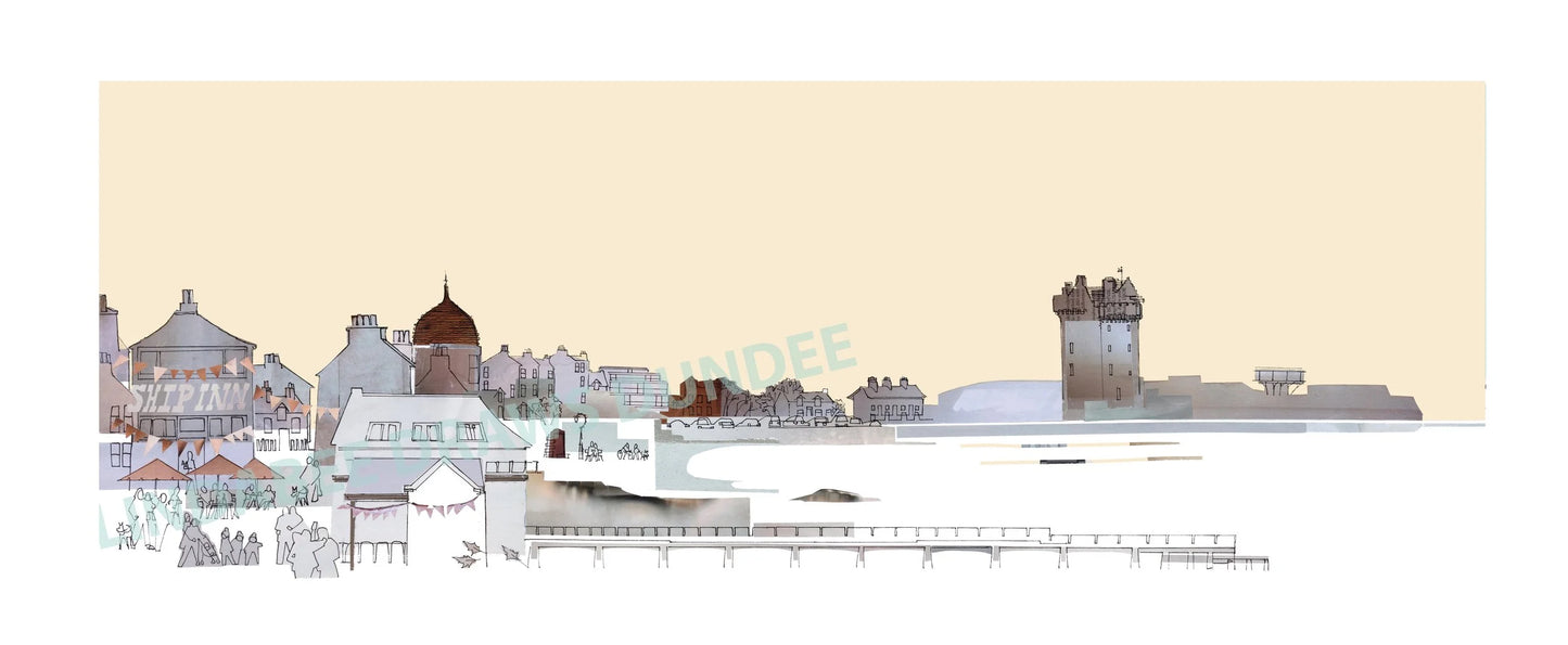 Broughty Ferry panoramic print by Lindabee Draws Dundee featuring The Ship Inn, castle and waterfront in neutral tones
