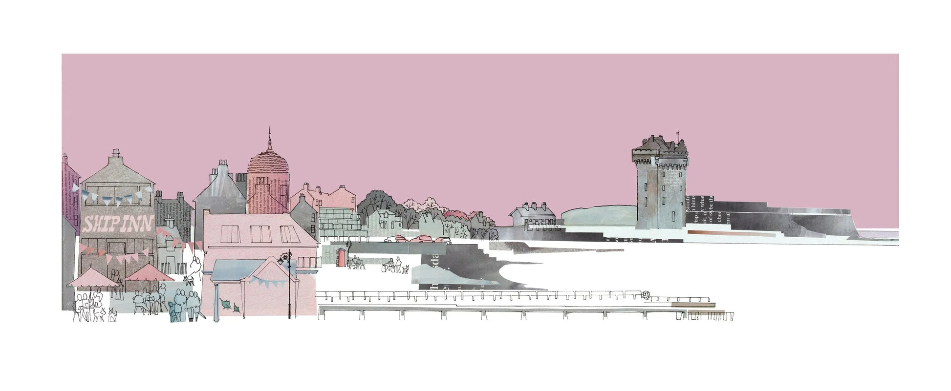 Broughty Ferry panoramic print by Lindabee Draws Dundee featuring The Ship Inn, castle and waterfront in pink tones