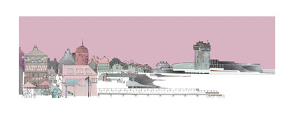 Broughty Ferry panoramic print by Lindabee Draws Dundee featuring The Ship Inn, castle and waterfront in pink tones