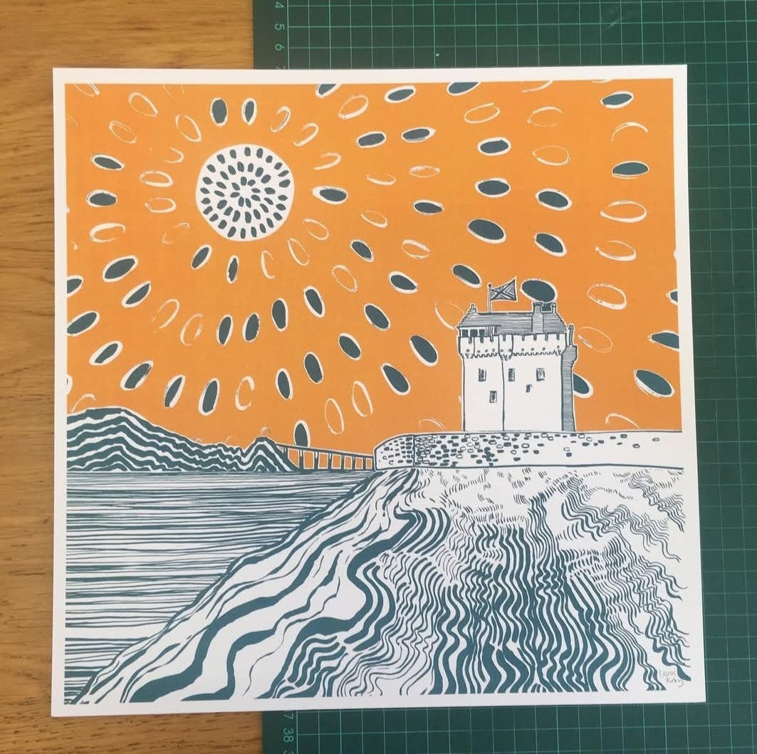 Louise Kirby Broughty Ferry Castle print in yellow and green 29.7cm square Dundee Delights collection