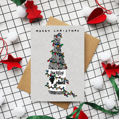 Buckfast Christmas card featuring hand-drawn bottle design by Kilo Papa Studio, printed on recycled paper with Kraft envelope.