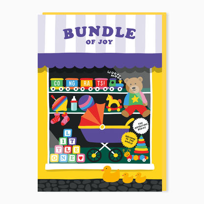 Bundle of Joy new baby card by Stoats & Weasels featuring a colourful toy shop window illustration