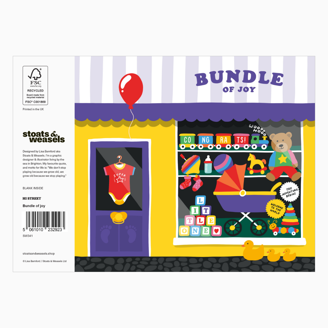 Bundle of Joy new baby card by Stoats & Weasels featuring a colourful toy shop window illustration