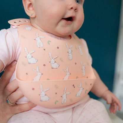 Catch It silicone baby bib by Ziggle with food pocket BPA free available in Bunnies design
