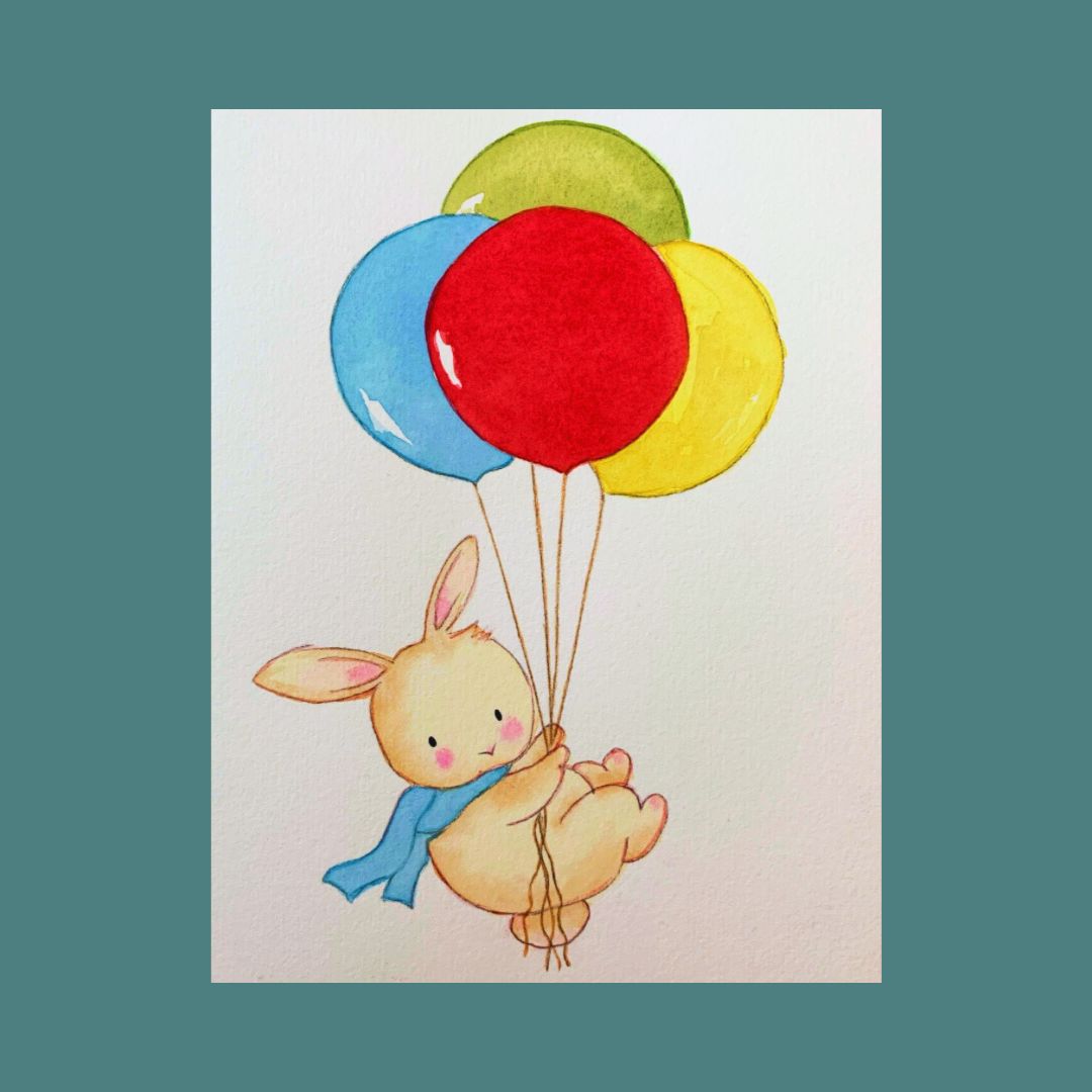 Hand-painted watercolor card of a cartoon bunny with colourful balloons