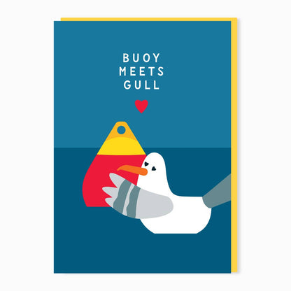 Buoy Meets Gull love card by Stoats & Weasels featuring a seagull cuddling a buoy with a seaside pun
