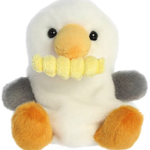 Palm Pal Plush toy seagull with chip in mouth 