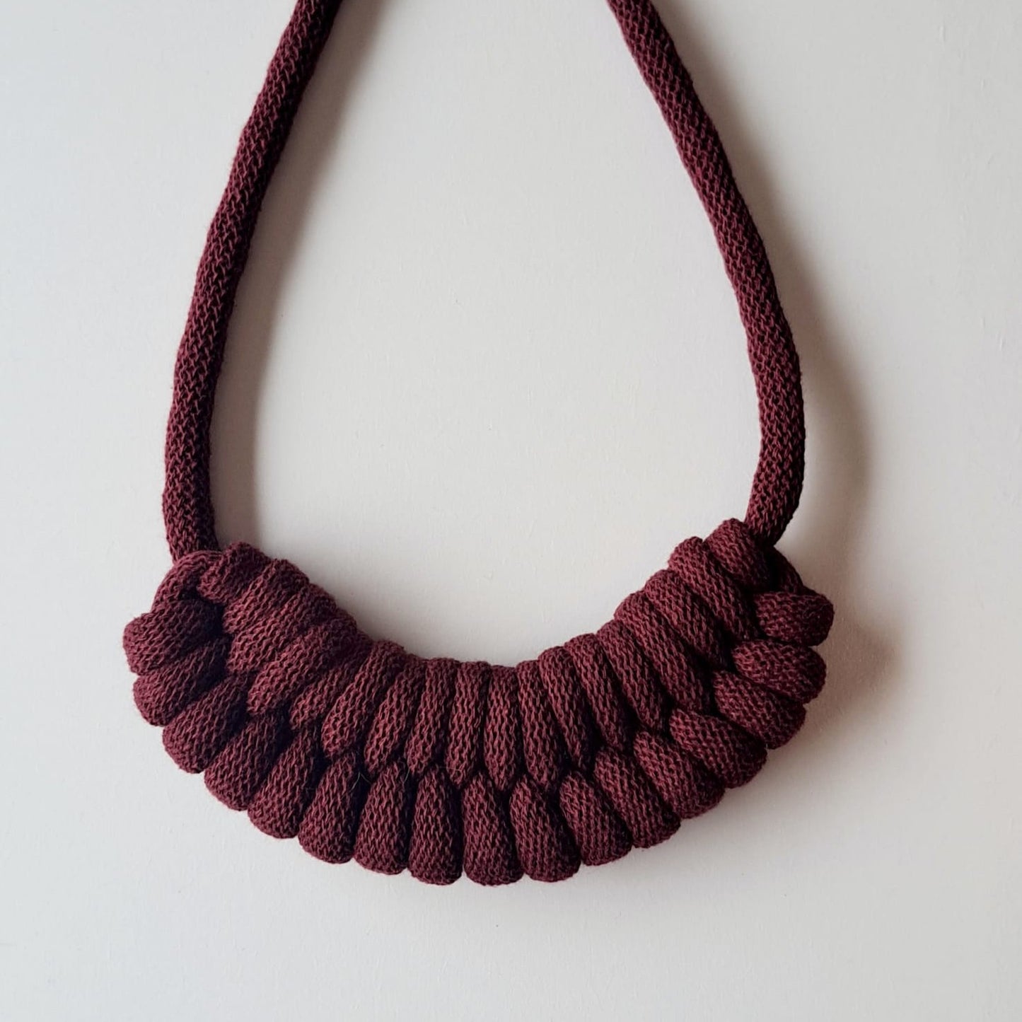 Ragged House small recycled cotton macrame cord knot necklace with figure 8 bow design statement accessory