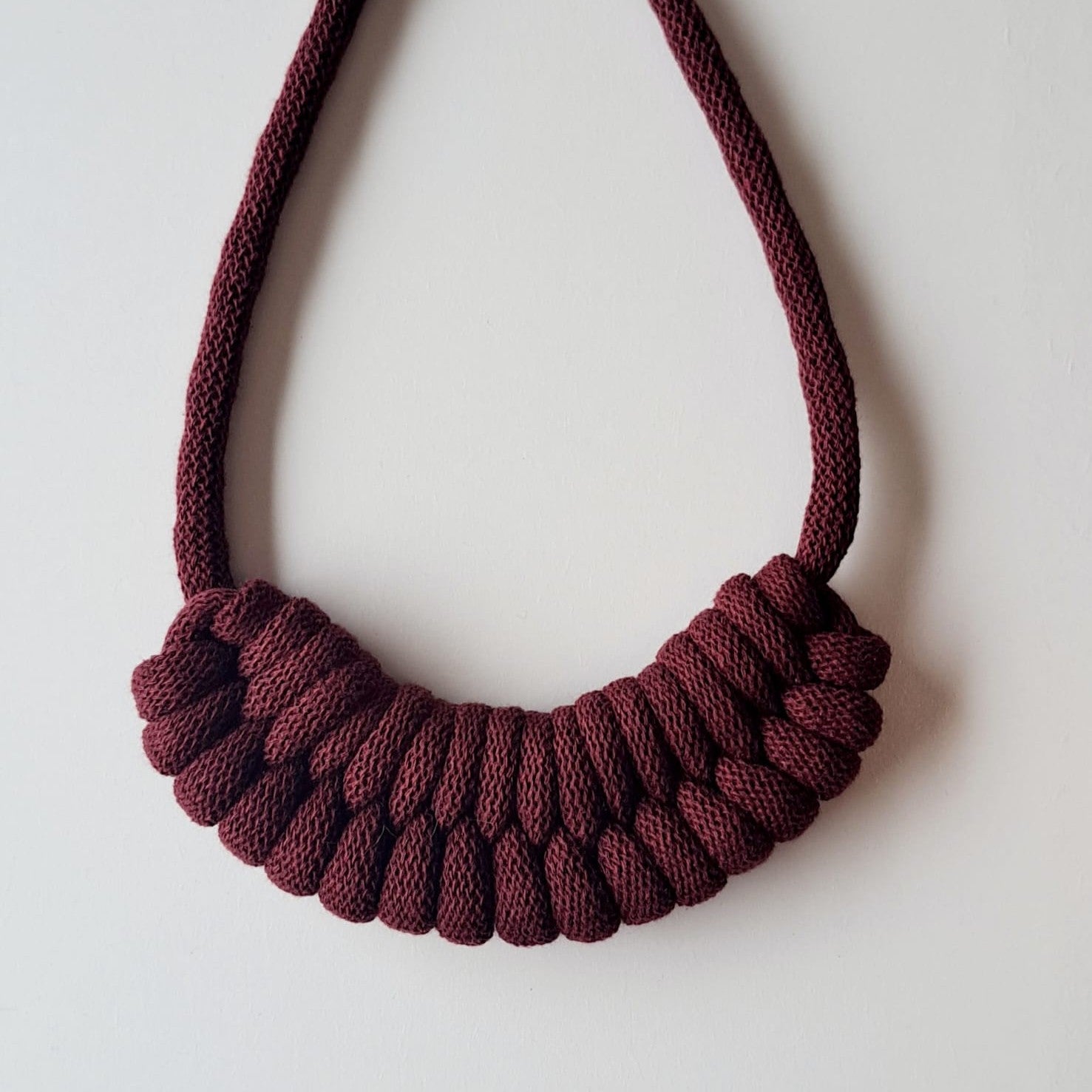 Ragged House small recycled cotton macrame cord knot necklace with figure 8 bow design statement accessory