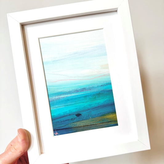 Framed original mixed media painting of Carnoustie coastline, in white 7x9 inch frame.