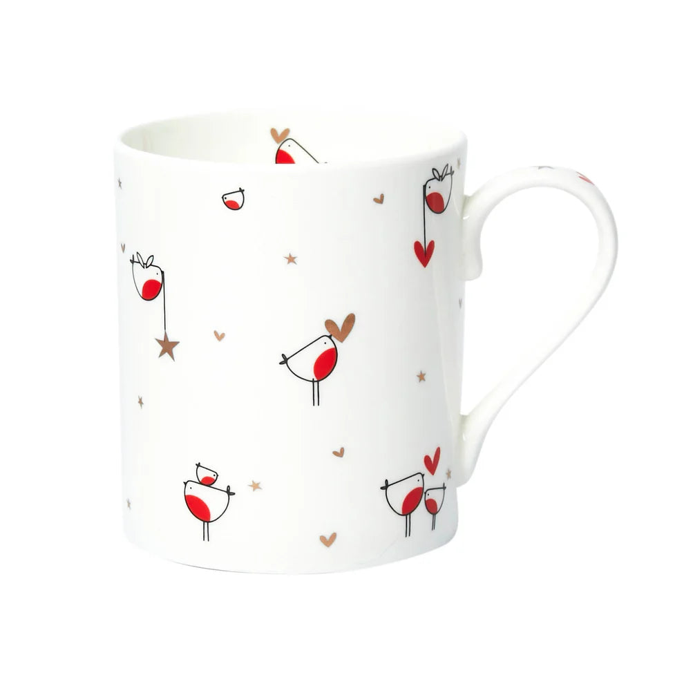 A fine bone china mug with a decorative robin design, gold metallic details, and a high-quality finish, presented in a gift box.