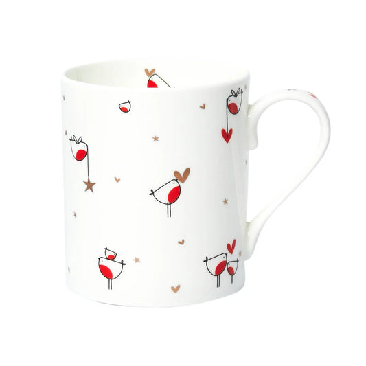 A fine bone china mug with a decorative robin design, gold metallic details, and a high-quality finish, presented in a gift box.