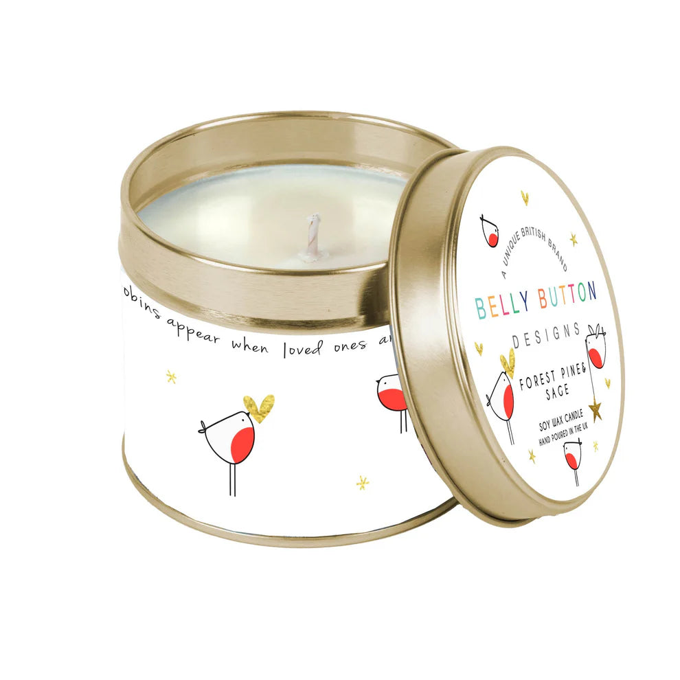 Round metal soy wax candle with robin design
