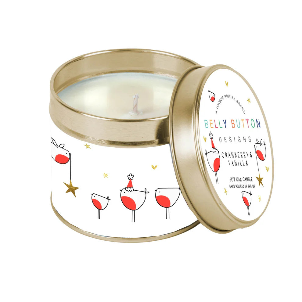 Round metal soy wax candle with red breasted robin design.