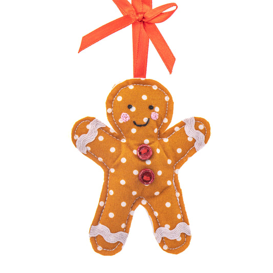 A soft fabric gingerbread man hanging decoration with white icing details and a charming, traditional look.