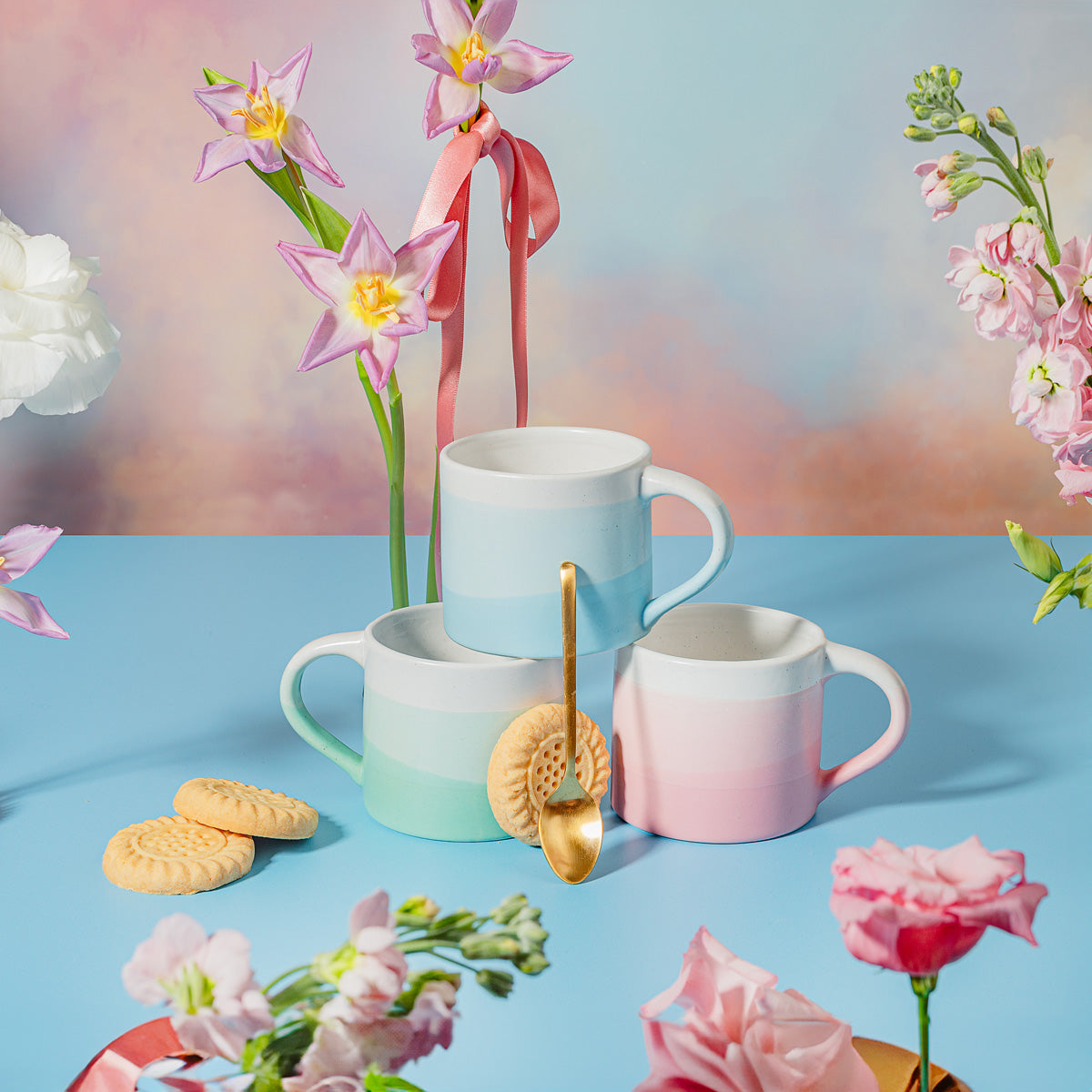 Hand glazed stoneware mugs from the Sass & Belle Marlowe Collection approximately 8cm wide and 7.5cm high.