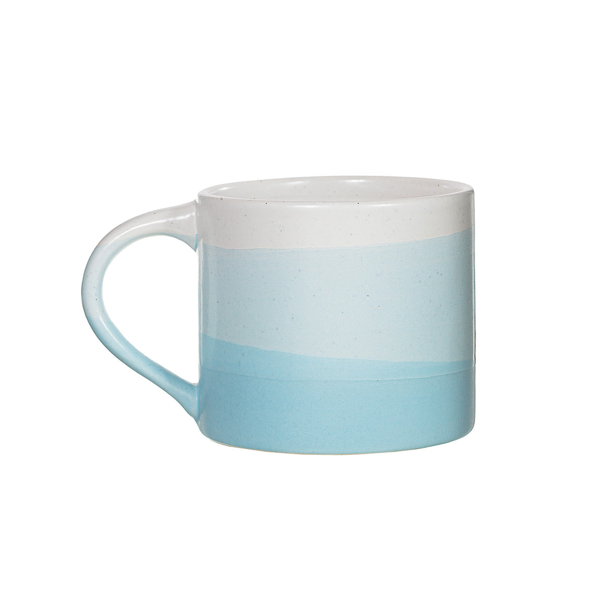 A hand glazed stoneware mug from the Sass & Belle Marlowe Collection, featuring a sky blue and white colourway, approximately 8cm wide and 7.5cm high.