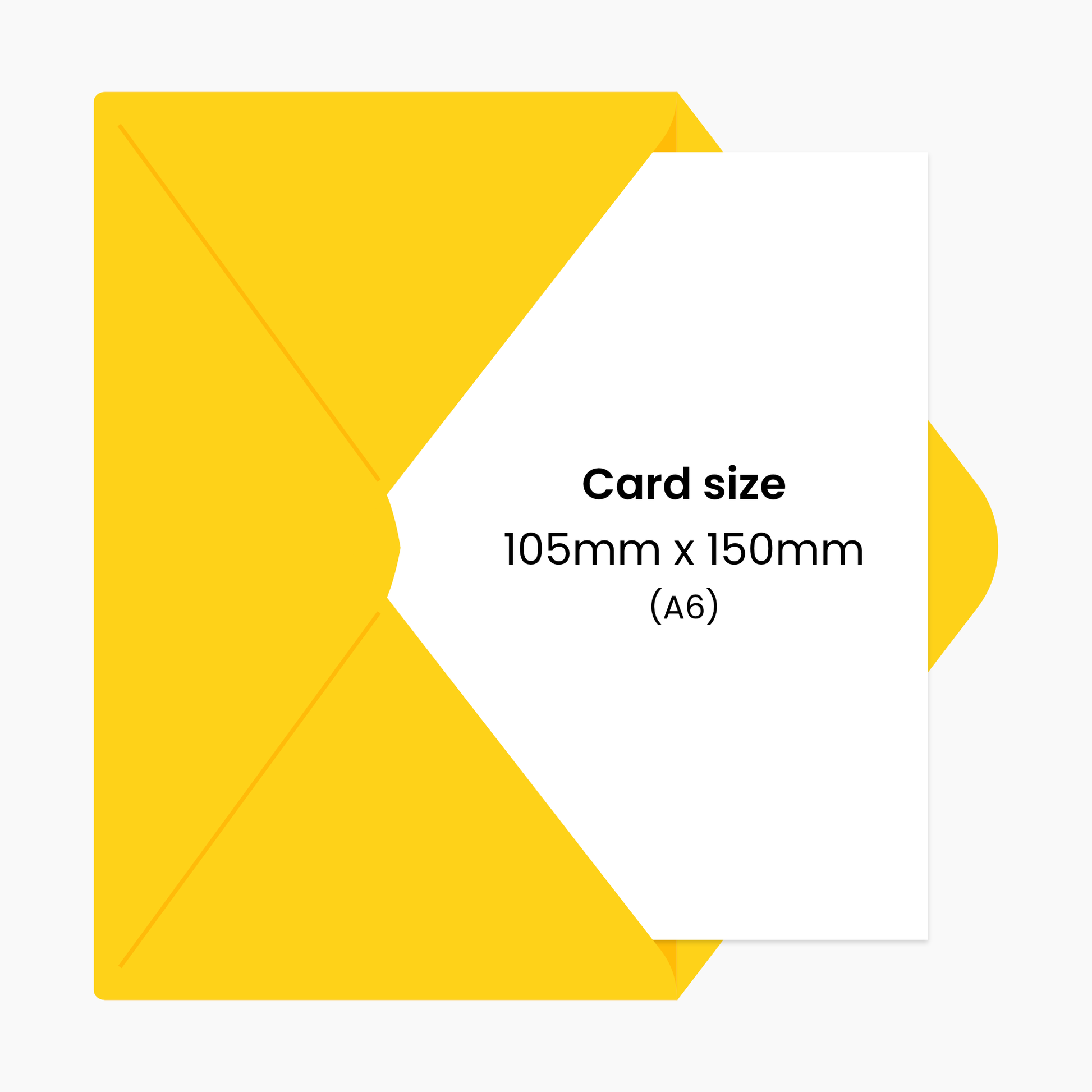 Yellow envelope with a white card inside displaying text about card size.