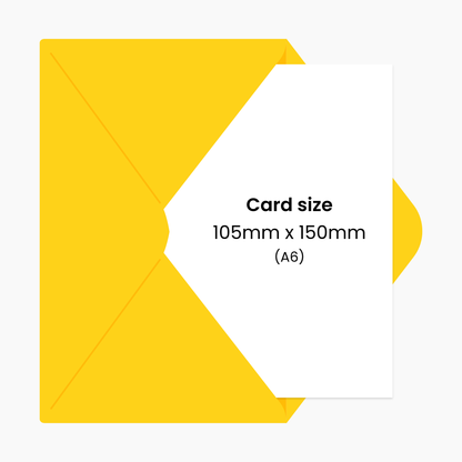 Yellow envelope with a white card inside displaying text about card size.