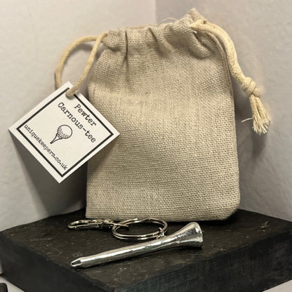 Carnous-tee pewter golf tee keyring handmade in Scotland with stainless steel clip and hessian gift bag