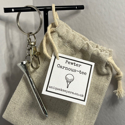 Carnous-tee pewter golf tee keyring handmade in Scotland with stainless steel clip and hessian gift bag