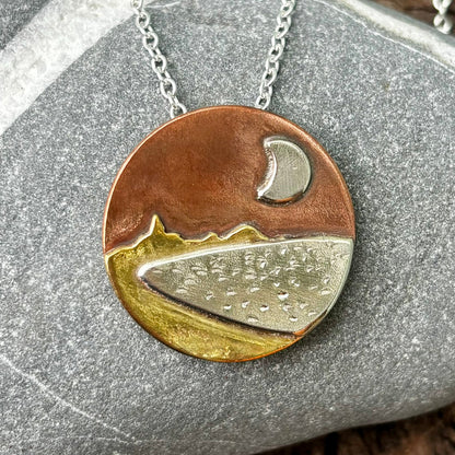 Carnoustie Bay landscape necklace by Rowan Berry Jewellery handmade in copper, brass and sterling silver