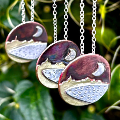 Carnoustie Bay landscape necklace by Rowan Berry Jewellery handmade in copper, brass and sterling silver