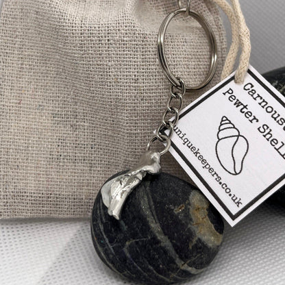 Pewter shell keyring handmade in Scotland cast from real shells gift bag