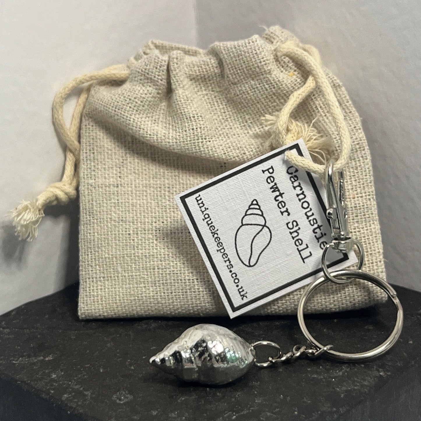 Pewter shell keyring handmade in Scotland cast from real shells gift bag