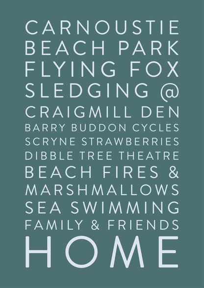 Carnoustie Home print by local Aaron Law featuring a graphic interpretation of familiar Carnoustie landmarks