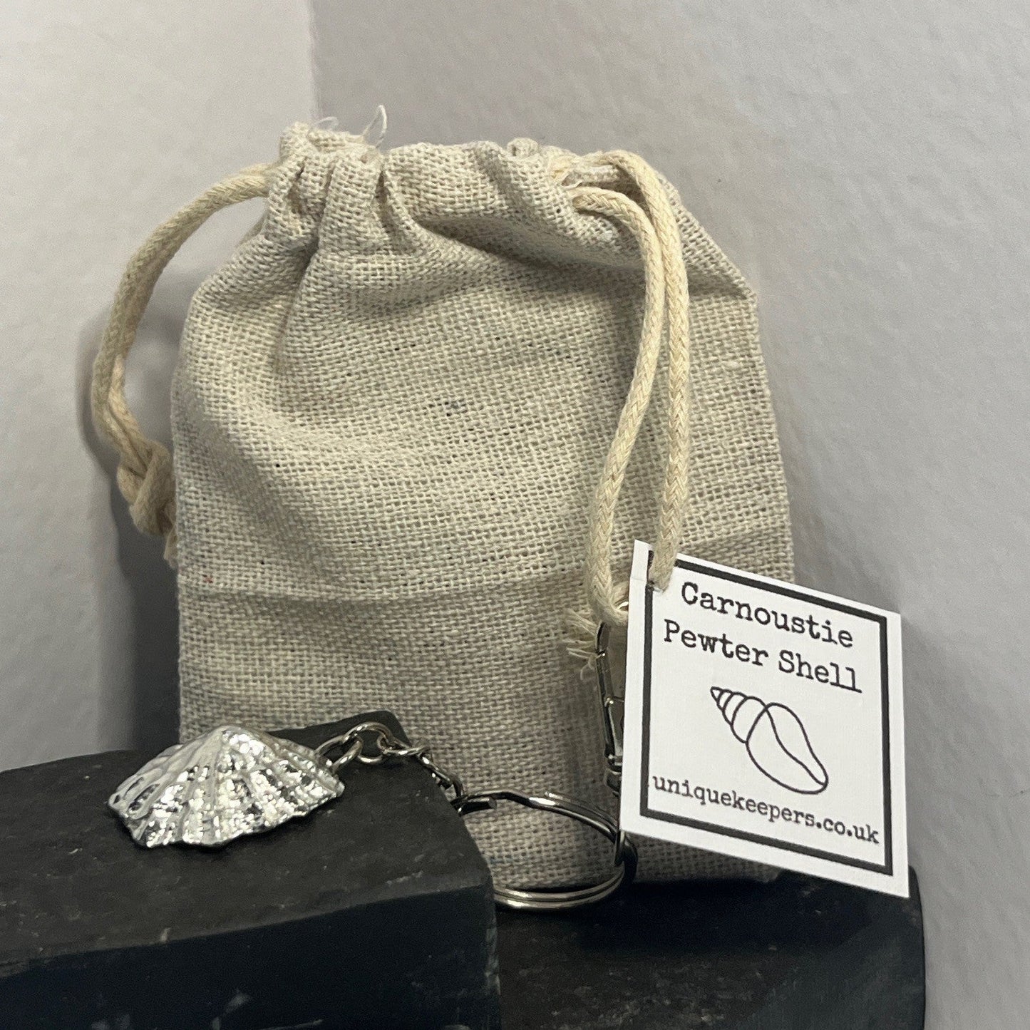 Pewter shell keyring handmade in Scotland cast from real shells gift bag
