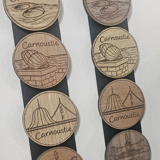 Handmade wooden Carnoustie landmark magnets by The Altered State featuring HAYM designs in three wood finishes