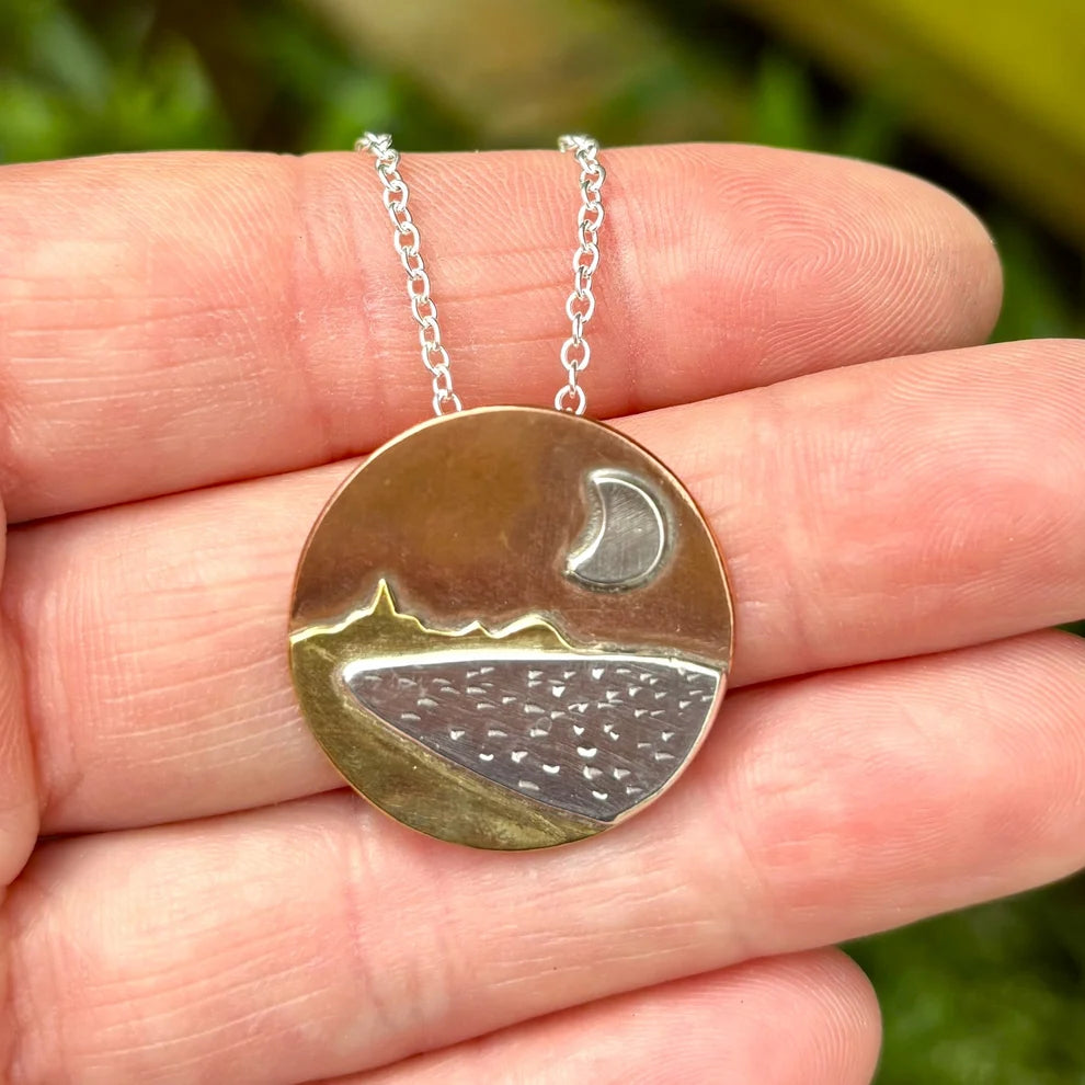 Carnoustie Bay landscape necklace by Rowan Berry Jewellery handmade in copper, brass and sterling silver