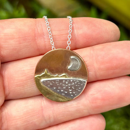 Carnoustie Bay landscape necklace by Rowan Berry Jewellery handmade in copper, brass and sterling silver