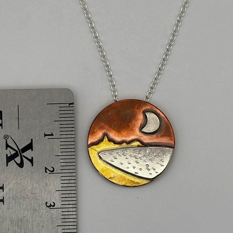 Carnoustie Bay landscape necklace by Rowan Berry Jewellery handmade in copper, brass and sterling silver