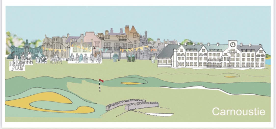 Carnoustie panoramic print by Lindabee Draws Dundee featuring the golf course, Golf Hotel, church and local landmarks