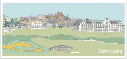 Carnoustie panoramic print by Lindabee Draws Dundee featuring the golf course, Golf Hotel, church and local landmarks
