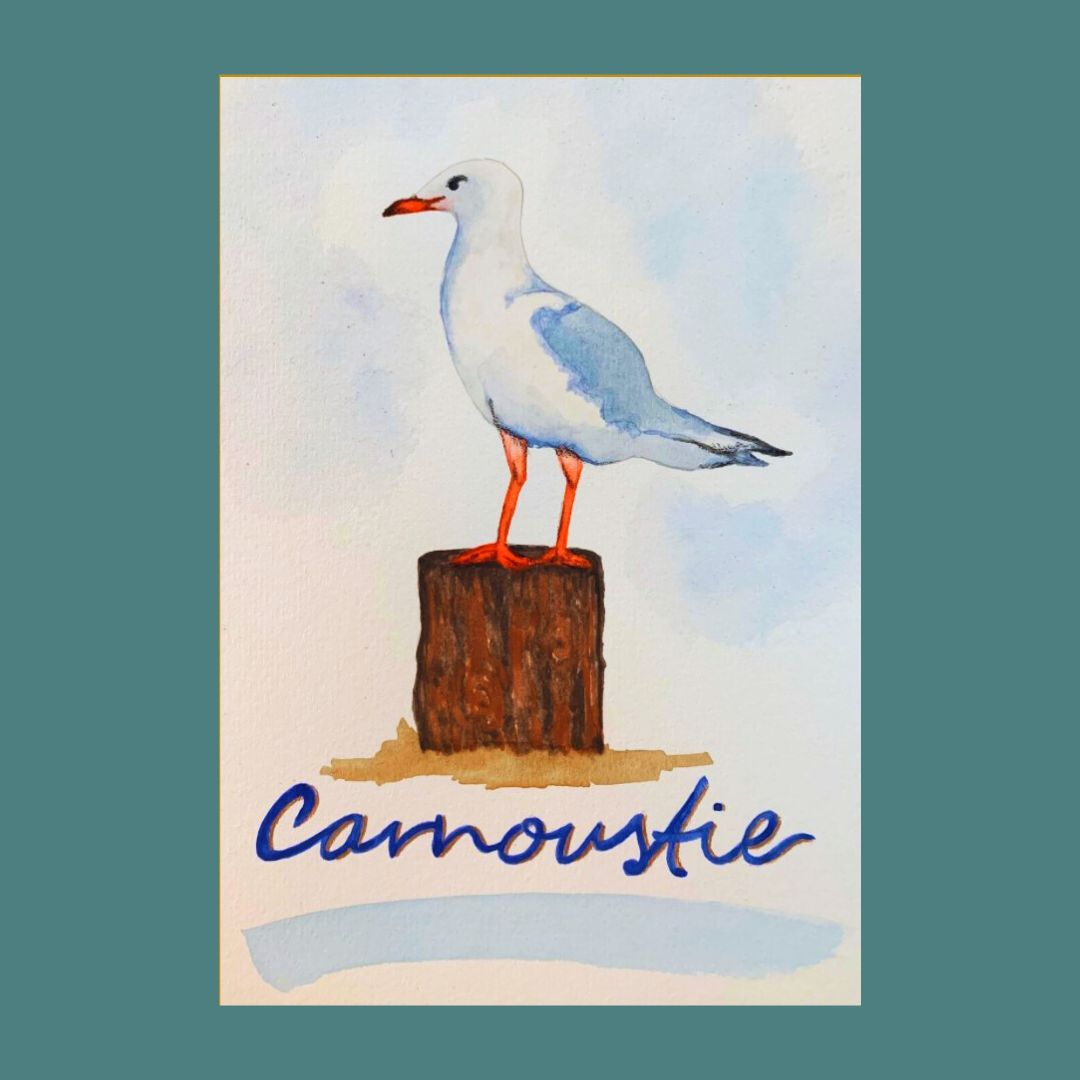 Hand-painted greeting card featuring a seagull on a log with 'Carnoustie' written at the bottom.