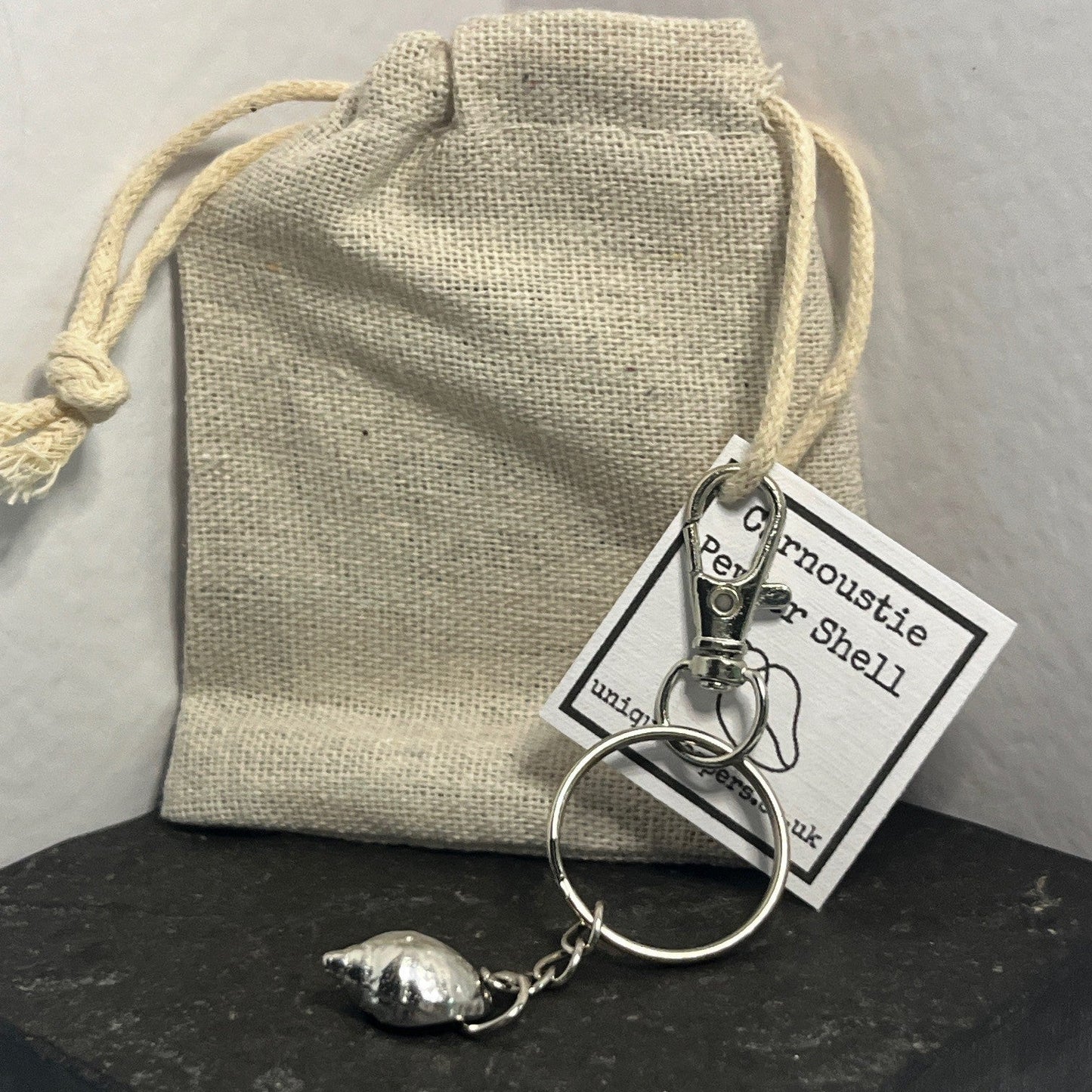 Pewter shell keyring handmade in Scotland cast from real shells gift bag