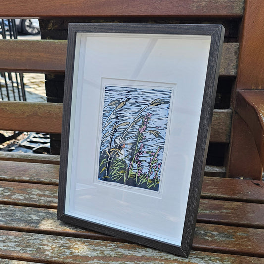 Castle O’ Burrian puffin lino print by Bee Birds, colourful Scottish wildlife artwork, framed wall art available in A4 or A6