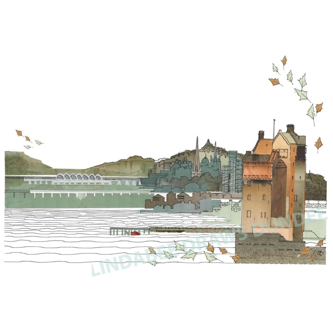 The Castle on the Tay panoramic print by Lindabee Draws Dundee featuring Broughty Ferry Castle and the River Tay