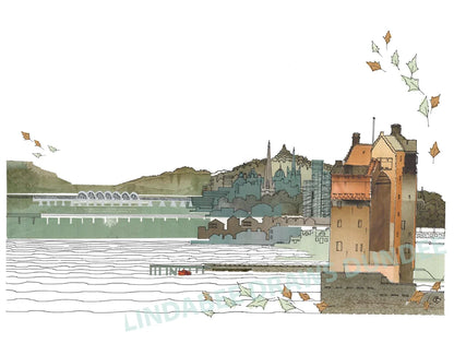 The Castle on the Tay panoramic print by Lindabee Draws Dundee featuring Broughty Ferry Castle and the River Tay