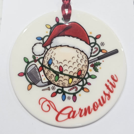 Ardroy Creations round ceramic Christmas baubles in Carnoustie Golf, Highland Cow and Dachschund designs, each 7cm in diameter with festive ribbon and presentation card.