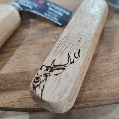 Scottish wooden handle cheese knife by Ardroy Creations with stainless steel blade in Stag design