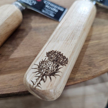 Scottish wooden handle cheese knife by Ardroy Creations with stainless steel blade in Thistle design