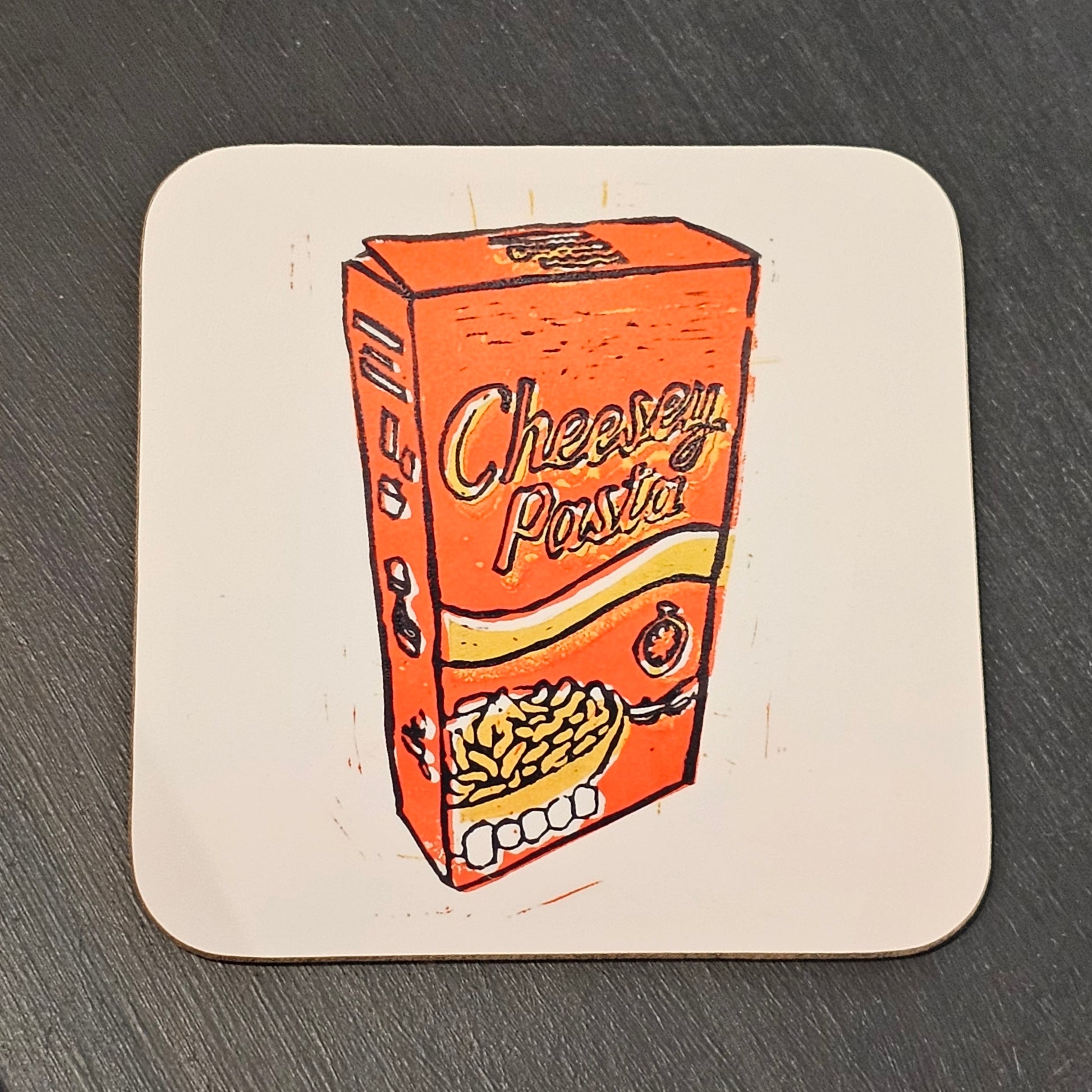 Hardwood coaster with BeeBirds Cheesy Pasta lino print artwork