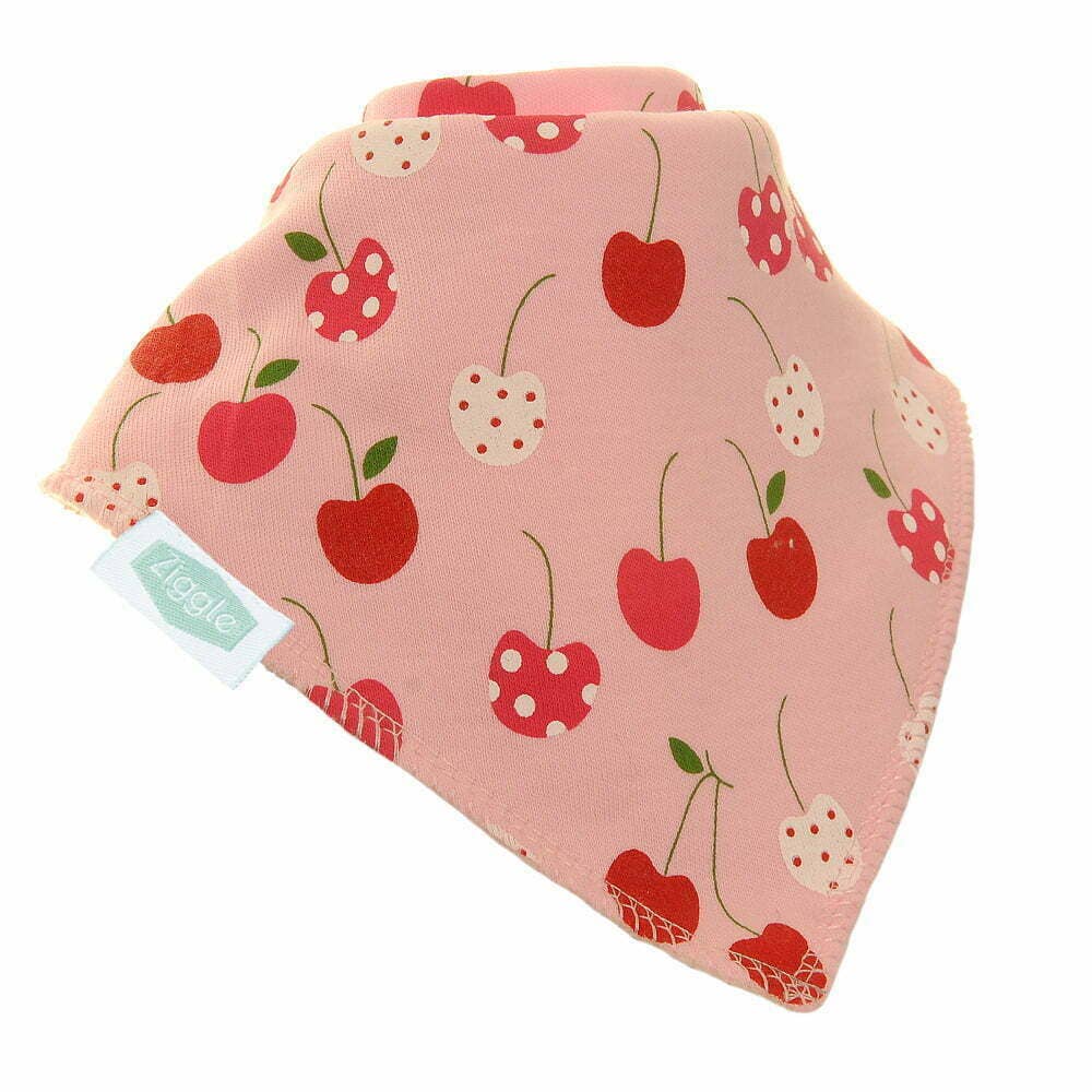 Pink cherries bandana dribble bib with soft cotton front and absorbent fleece backing for babies