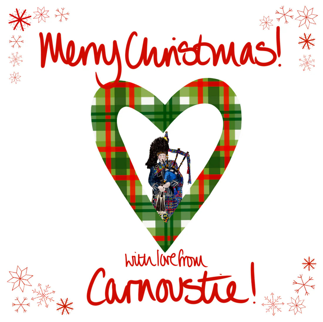 Merry Christmas with love from Carnoustie card with a piper inside a heart-shaped tartan design, surrounded by snowflakes.